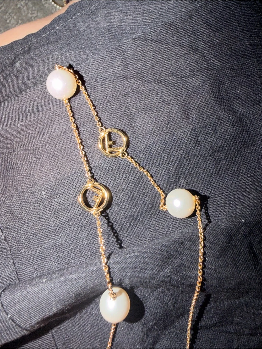 Fendi Gold Pearl Link Necklace with Cream Pearls - Women Jewelry